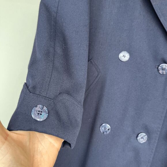 J. Gallery Navy Blue Long Trench Coat Belted Double Breasted Classic 80s/90s - Picture 7 of 11